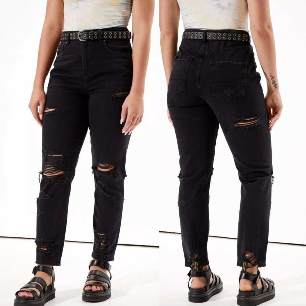 AMERICAN EAGLE Ripped Mom Jean Black High Waisted High Rise Cropped Crop Ankle
